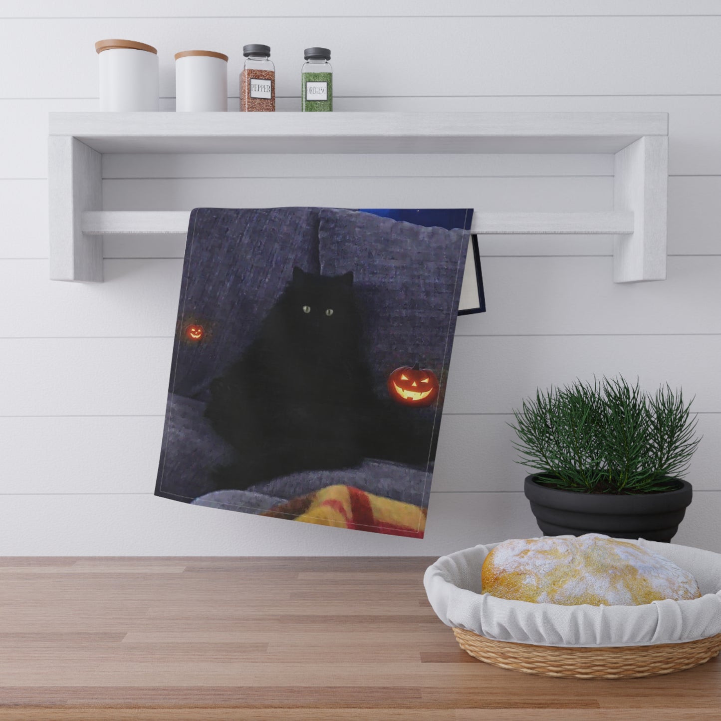 Black cat Halloween tea towel