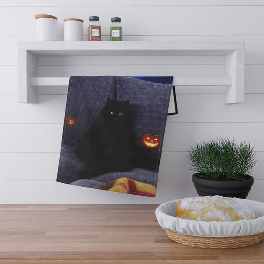 Black cat Halloween tea towel